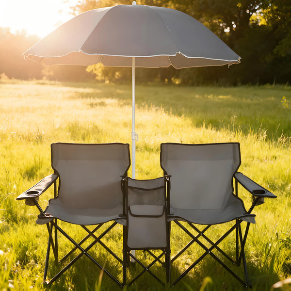 Portable Folding Double Picnic Chair: Umbrella, Table, Cooler - Turquoise (Beach/Camping)