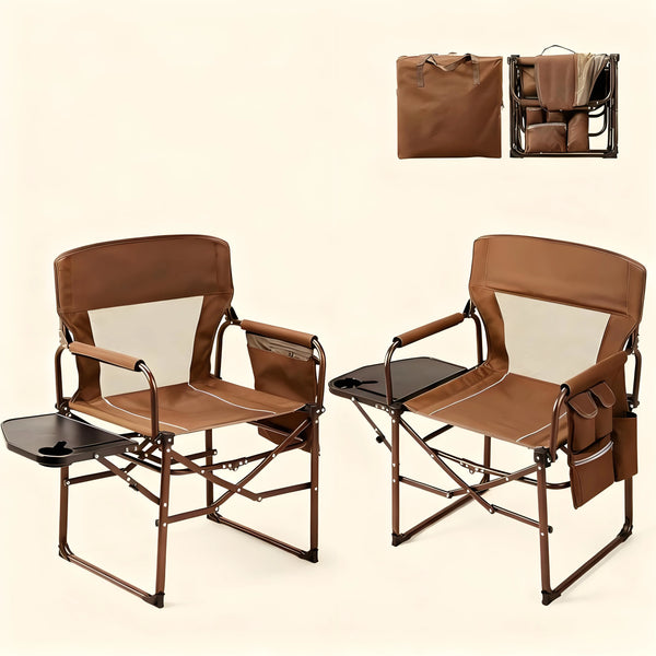 Portable Folding Directors Chair 2 Pack: With Side Table & Carry Bag, Brown - For Beach/Fishing/Picnic/Lawn